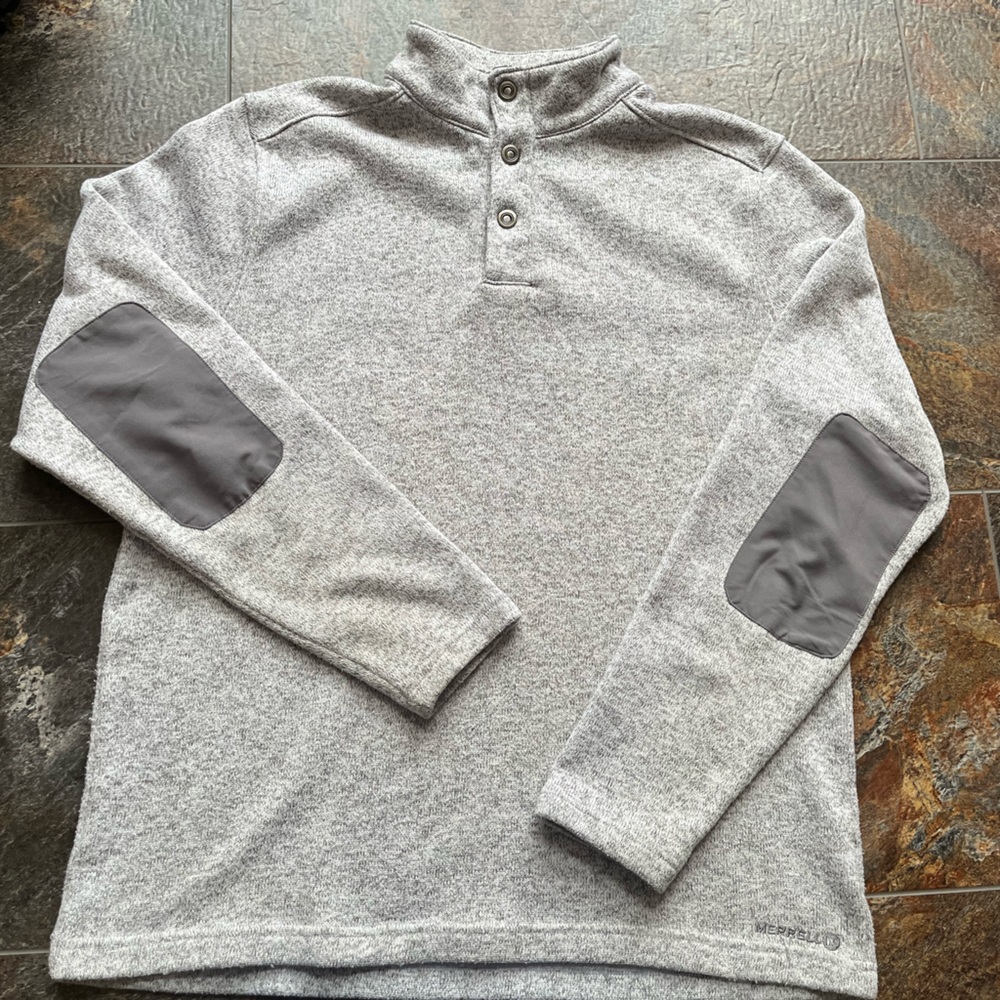 Men’s Merrell Heather gray pull over 1/4 snap elbow patches sweater jacket. XL